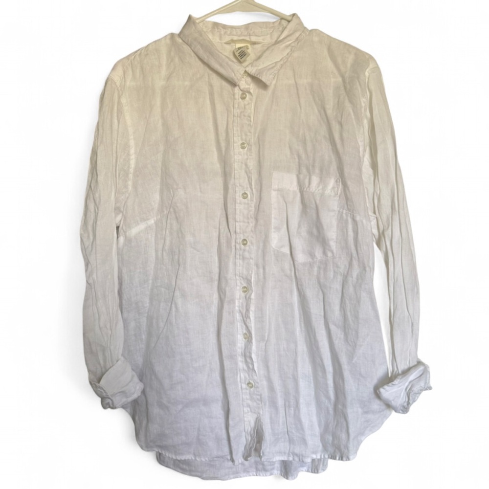 H&M White 100% Linen Button-Down Shirt Size Large Beach Cover Up Summer